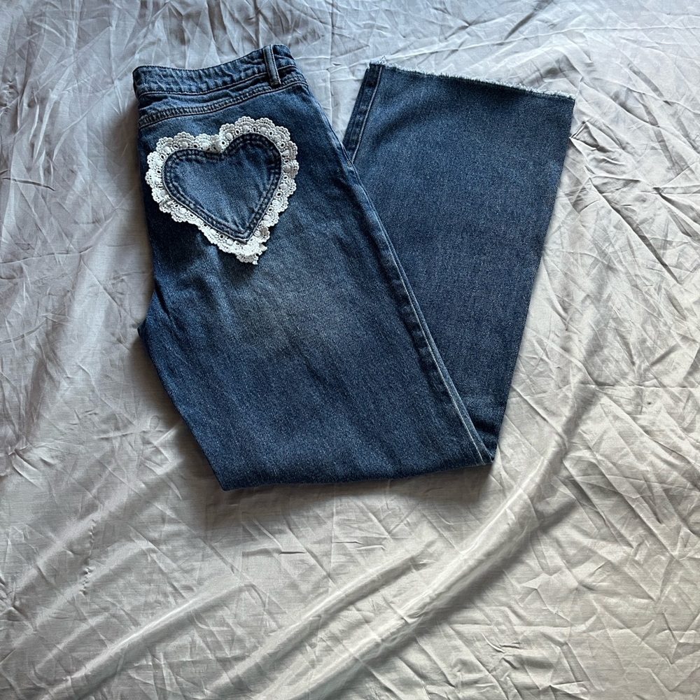 Ashley Mason Dark Blue Wide Leg Jeans with Lace Heart Pockets